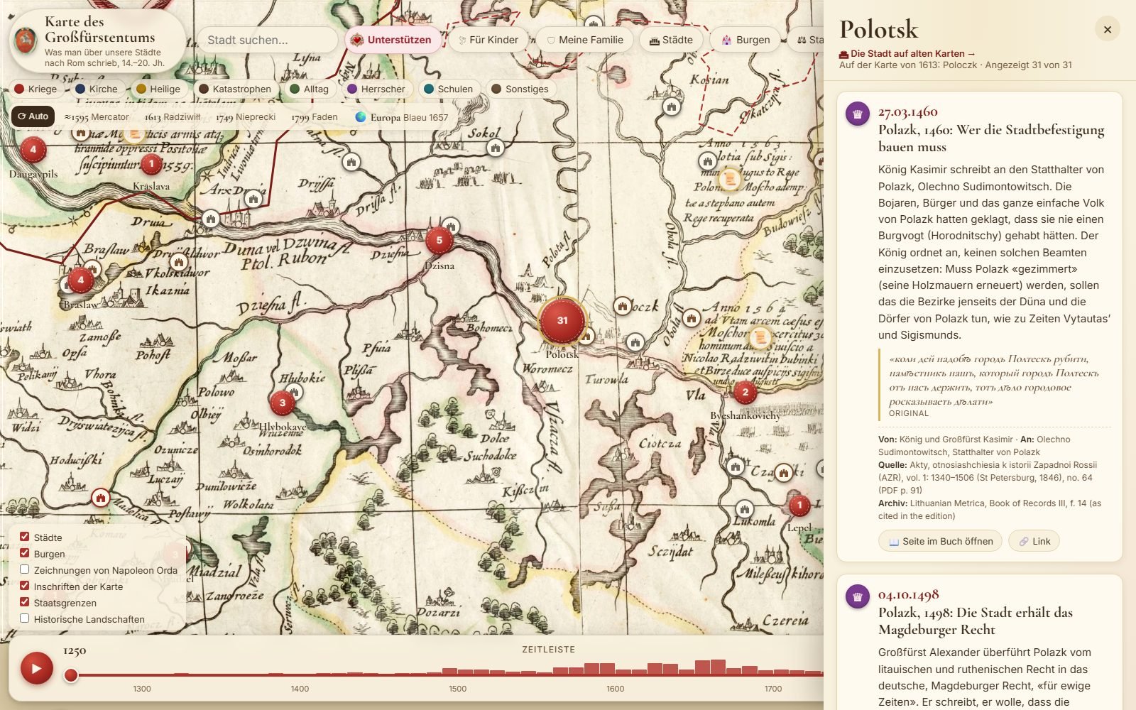 Karte der Dokumente: jede Stadt mit ihren Briefen und deren Quellen. Hier: Polozk.
