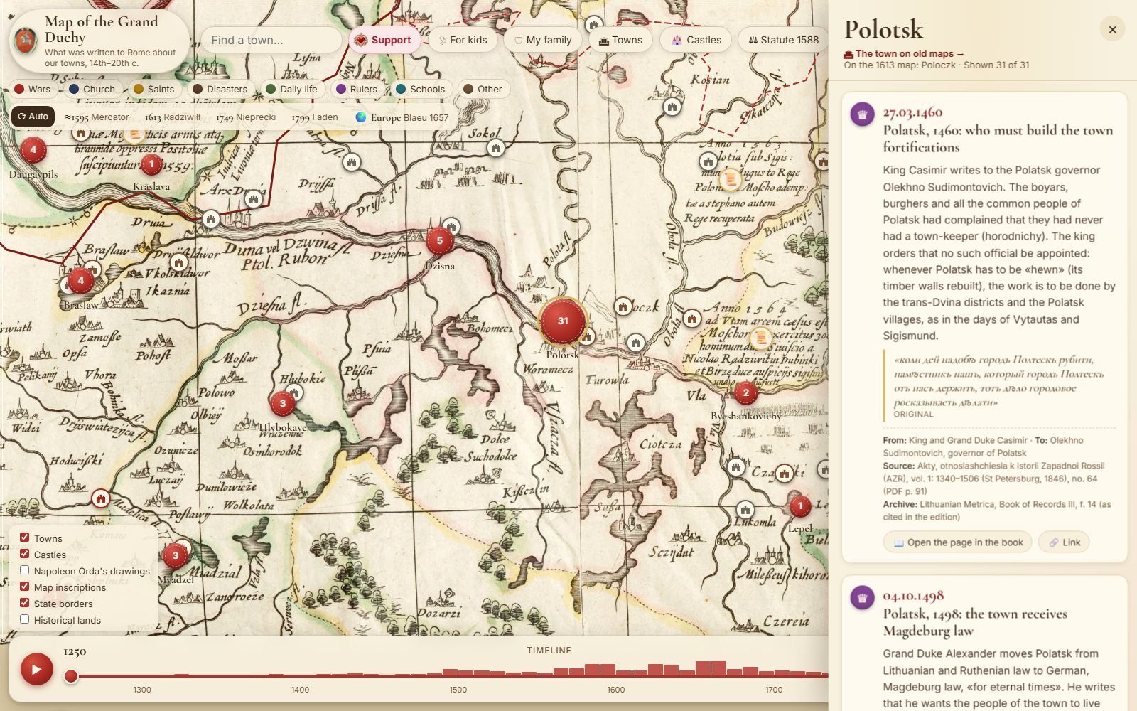 Map of documents: every town with its letters and their sources. Here: Polotsk.