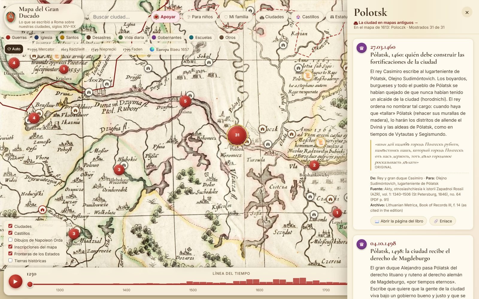 Mapa de documentos: cada ciudad con sus cartas y sus fuentes. Aquí: Pólotsk.