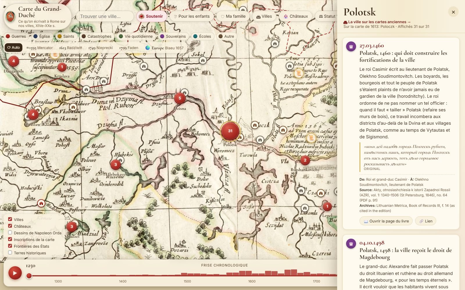 Carte des documents : chaque ville avec ses lettres et leurs sources. Ici : Polotsk.
