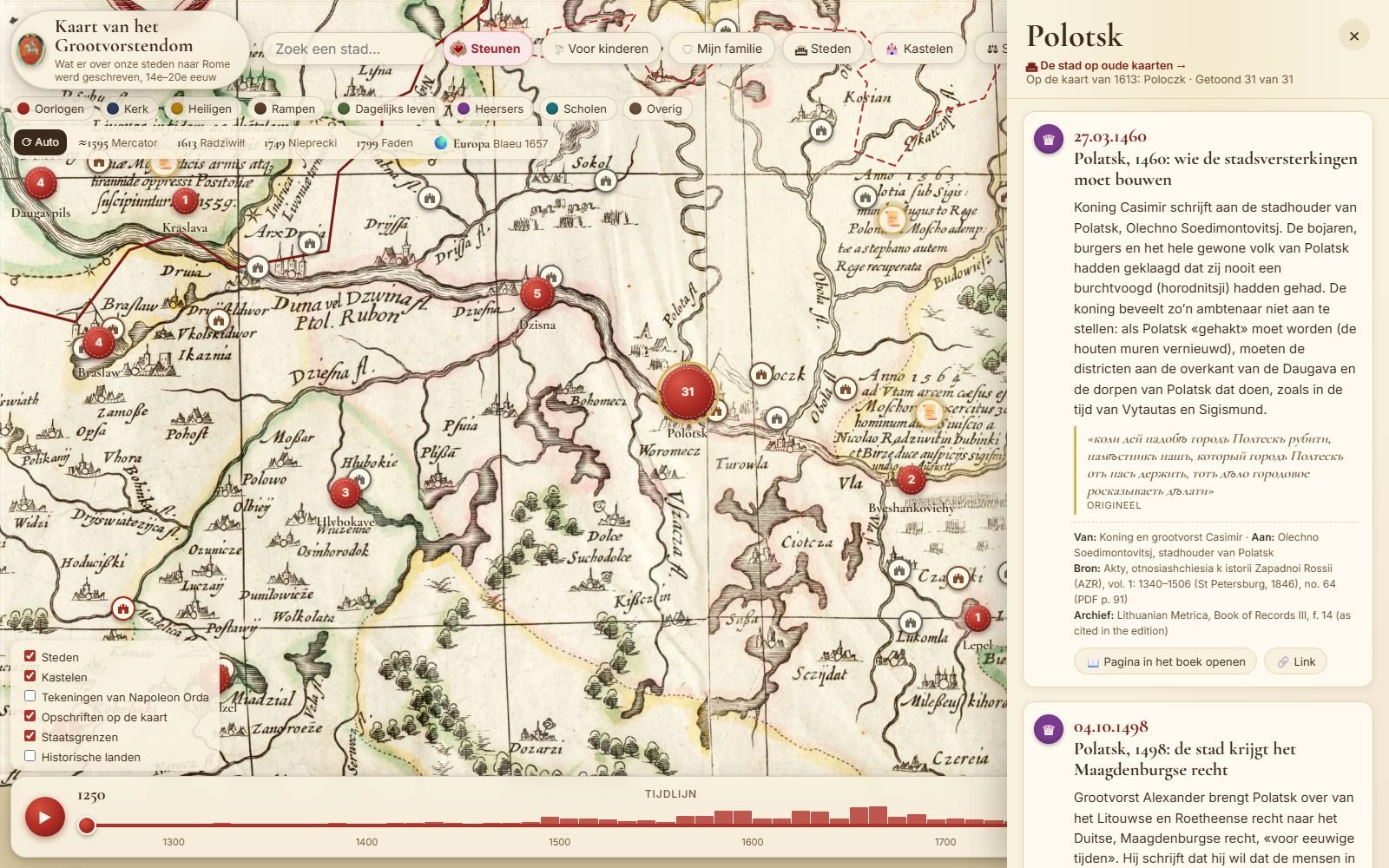 Kaart van documenten: elke stad met haar brieven en hun bronnen. Hier: Polotsk.