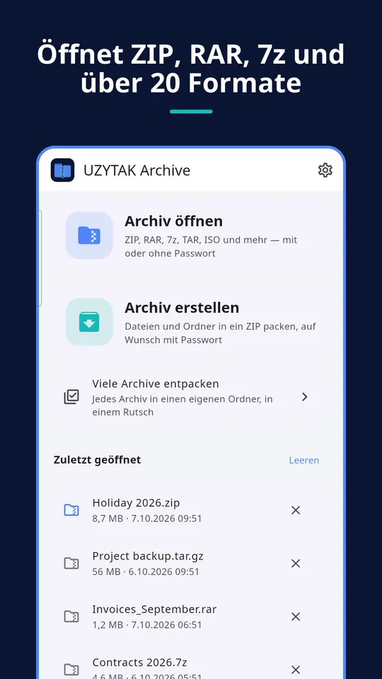 UZYTAK Archive — Öffnet ZIP, RAR, 7z und über 20 Formate