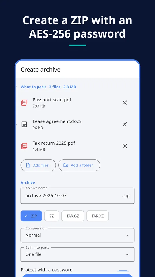 UZYTAK Archive — Create a ZIP with an AES-256 password