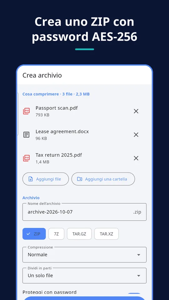 UZYTAK Archive — Crea uno ZIP con password AES-256