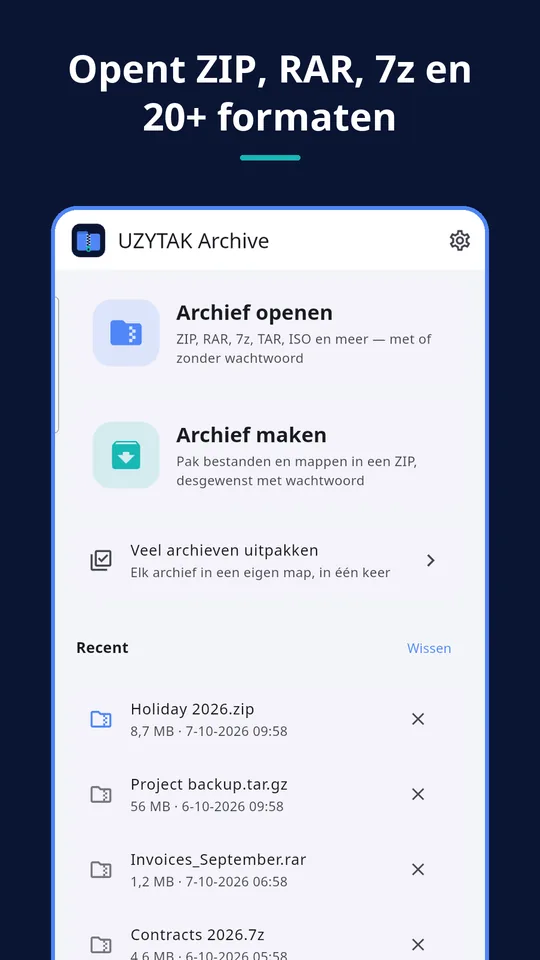 UZYTAK Archive — Opent ZIP, RAR, 7z en 20+ formaten