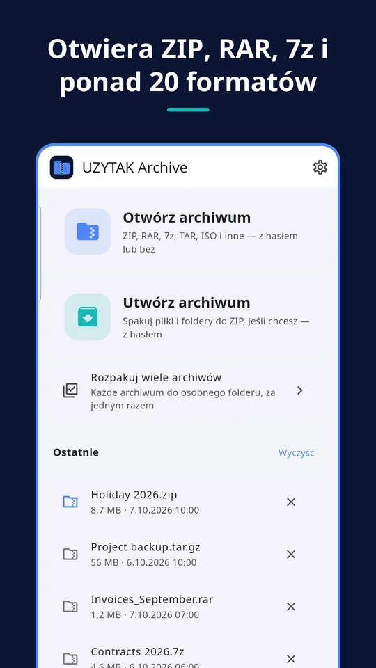 UZYTAK Archive — Otwiera ZIP, RAR, 7z i ponad 20 formatów
