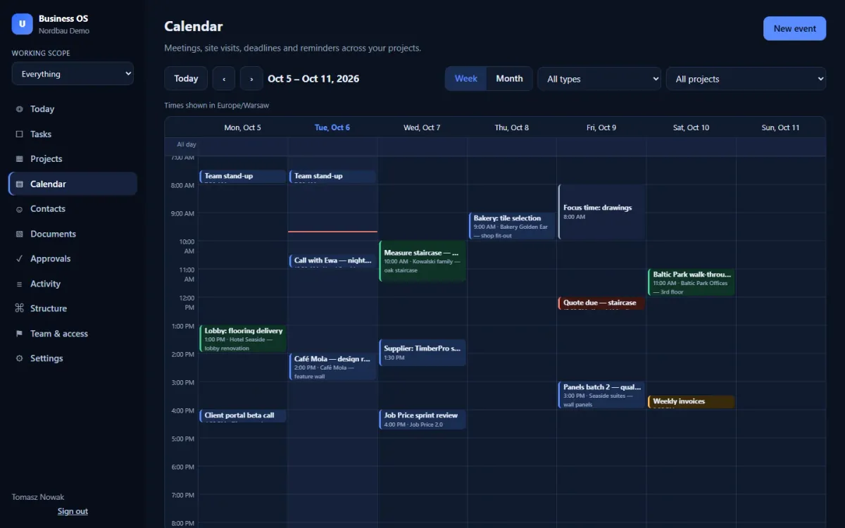 Week calendar with meetings, site visits, deadlines and focus blocks