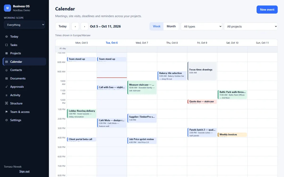 Week calendar with meetings, site visits, deadlines and focus blocks