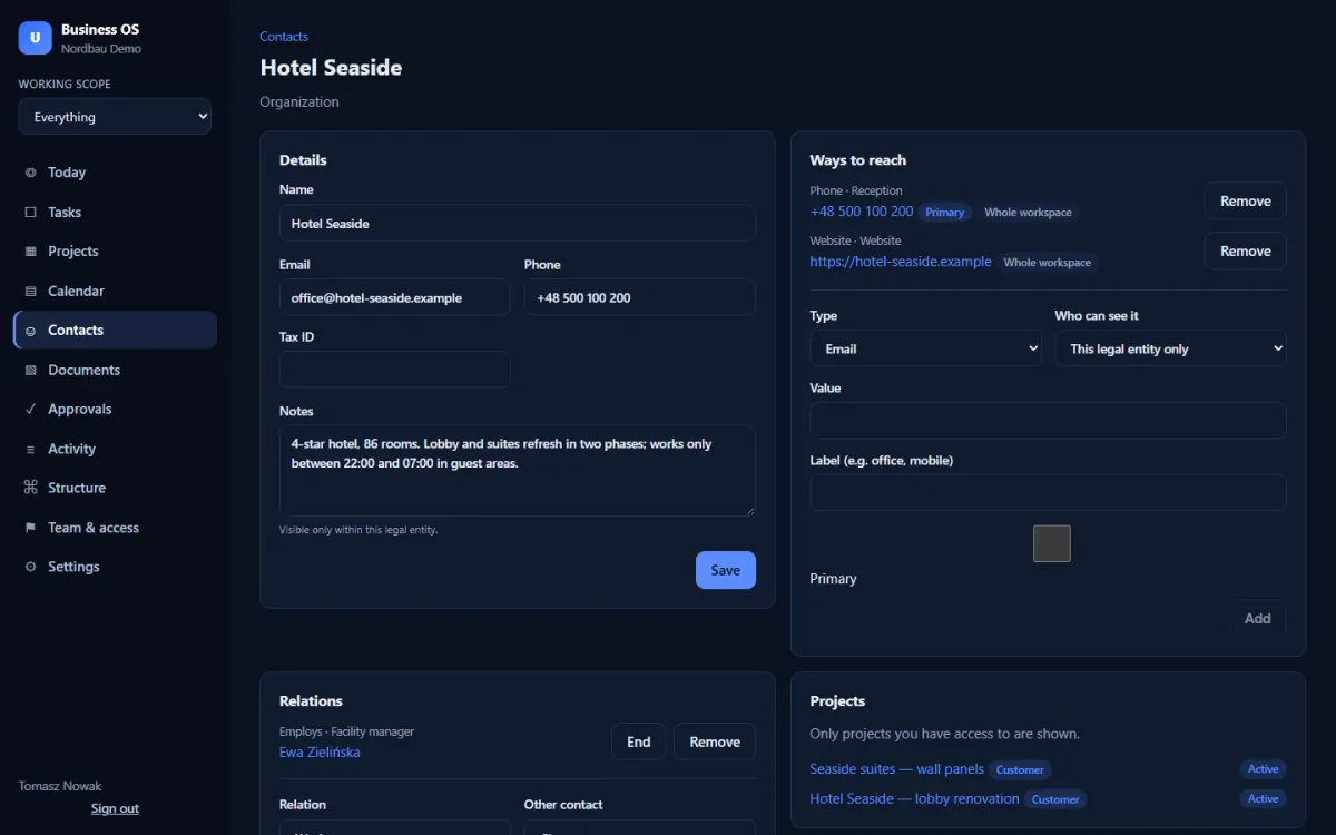 Company card: contact details, people, related projects and notes