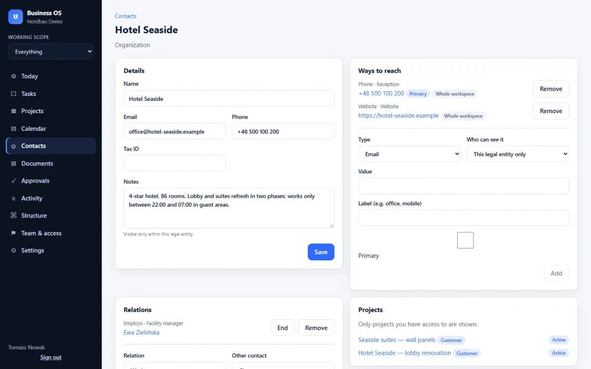 Company card: contact details, people, related projects and notes