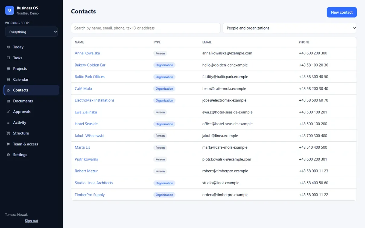 Contacts and companies: clients, architects, suppliers and subcontractors