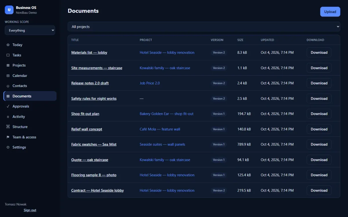 Documents linked to projects, with versions