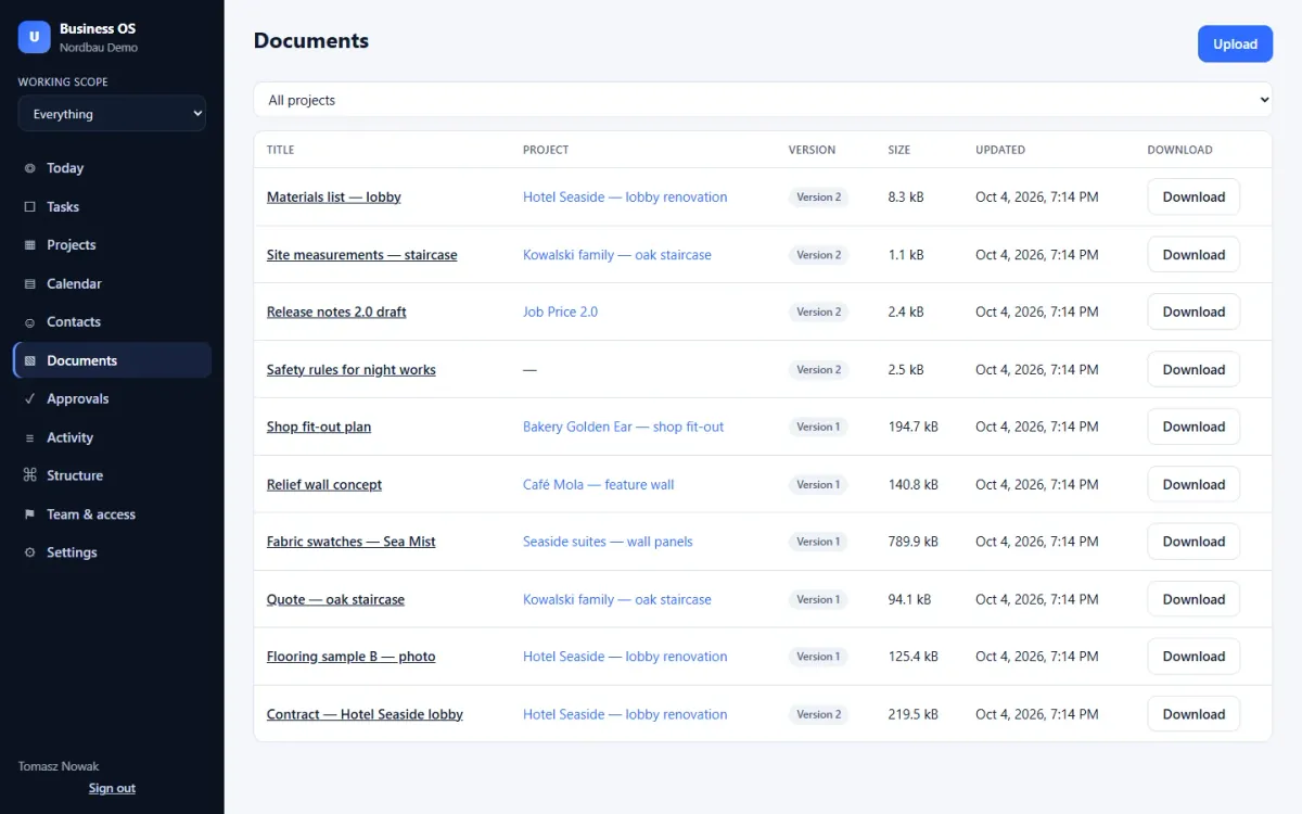 Documents linked to projects, with versions