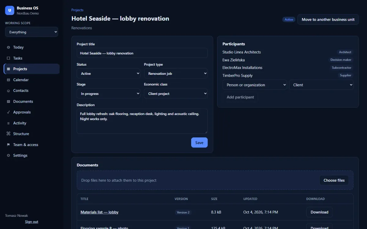 Project card: stage, people involved, tasks, documents and upcoming events