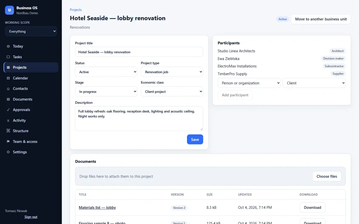 Project card: stage, people involved, tasks, documents and upcoming events