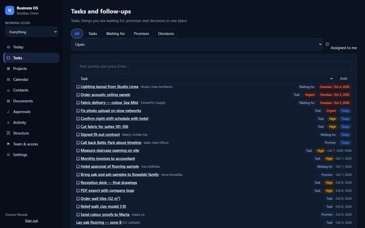 Tasks and follow-ups with priorities, due dates and overdue flags