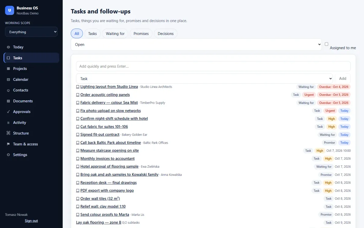 Tasks and follow-ups with priorities, due dates and overdue flags