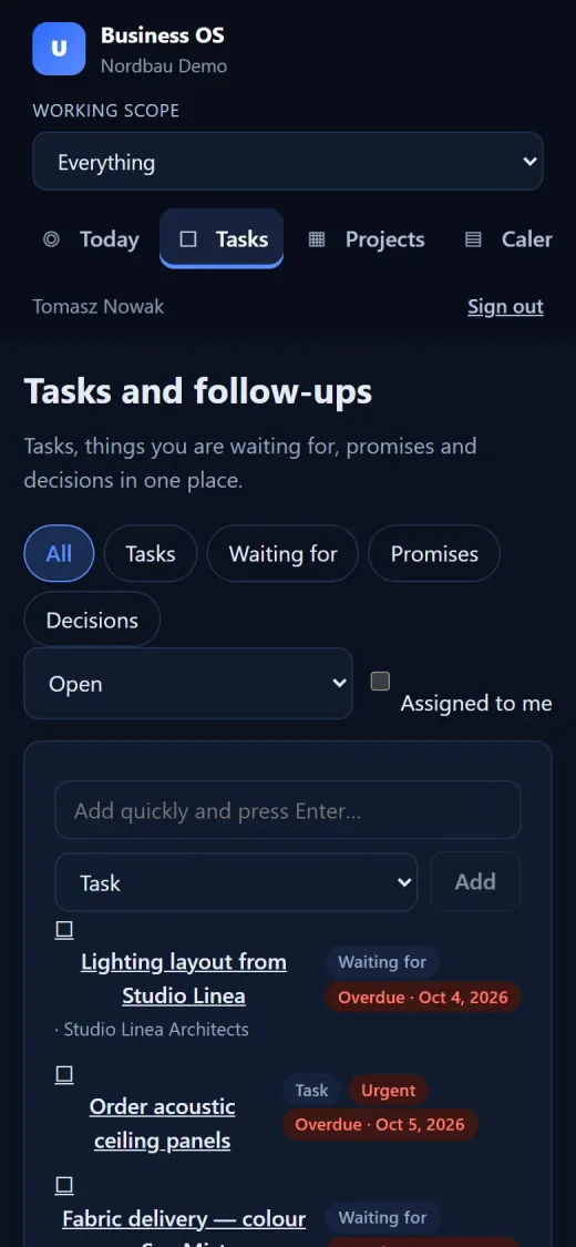 Tasks and follow-ups with priorities, due dates and overdue flags