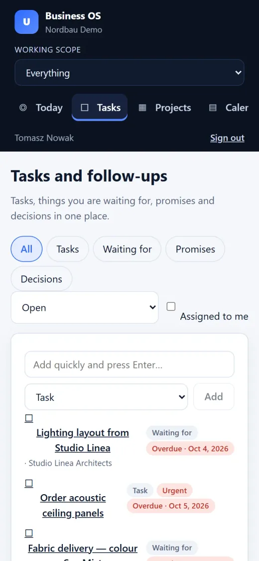Tasks and follow-ups with priorities, due dates and overdue flags