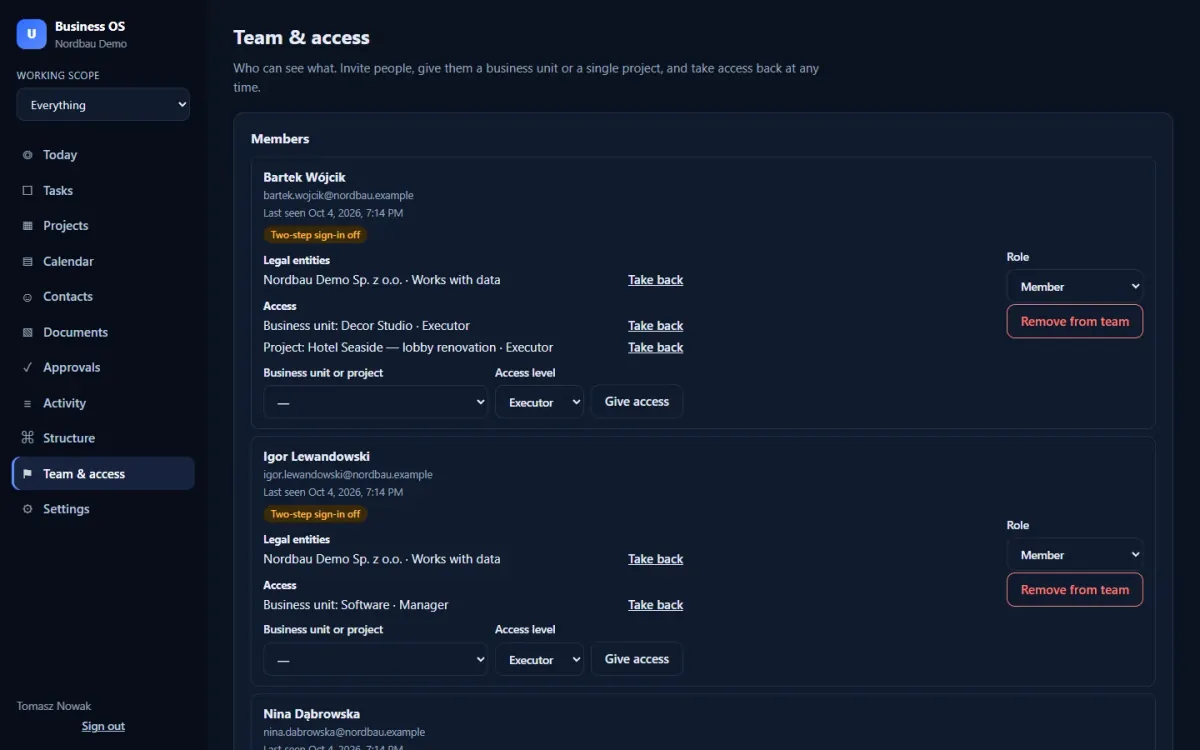 Team & access: give a person one business unit or a single project