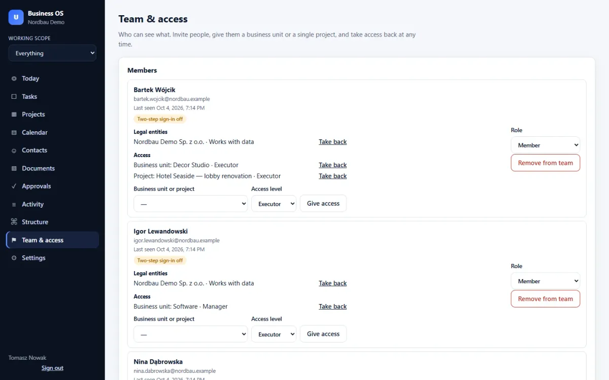 Team & access: give a person one business unit or a single project