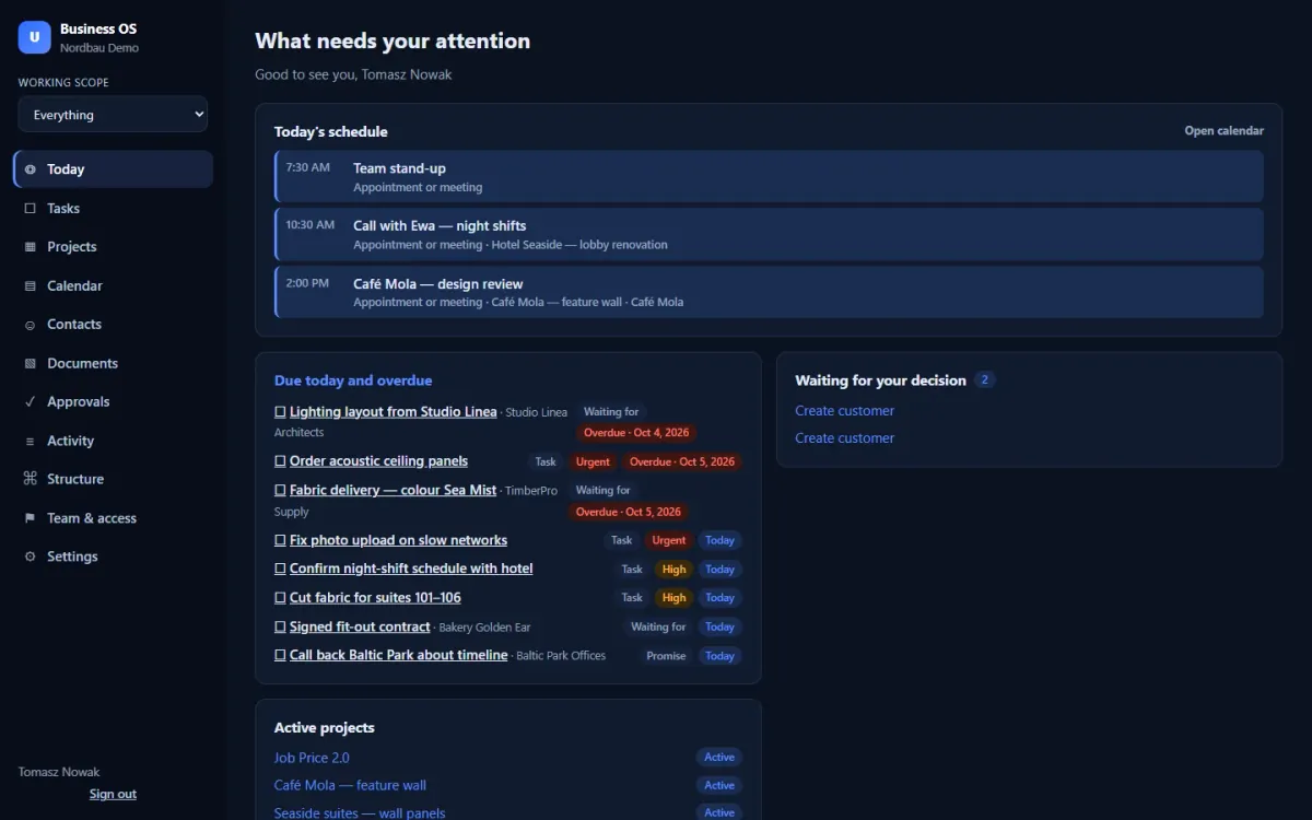 Today: schedule, overdue and due-today items, approvals and active projects in one view