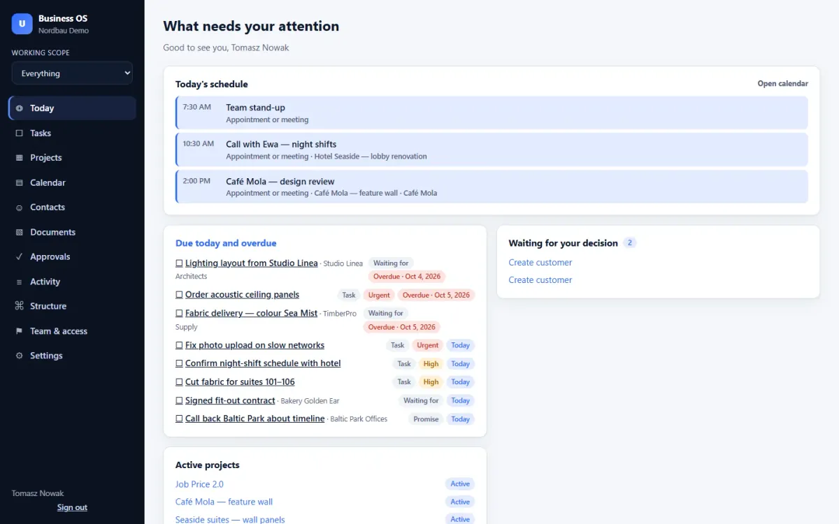 Today: schedule, overdue and due-today items, approvals and active projects in one view