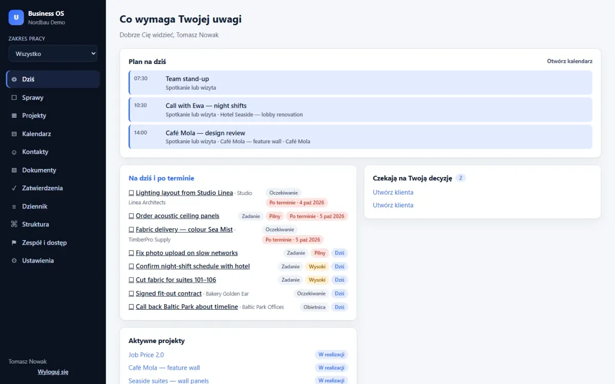 Dziś: plan dnia, zaległe i dzisiejsze zadania, zatwierdzenia i aktywne projekty