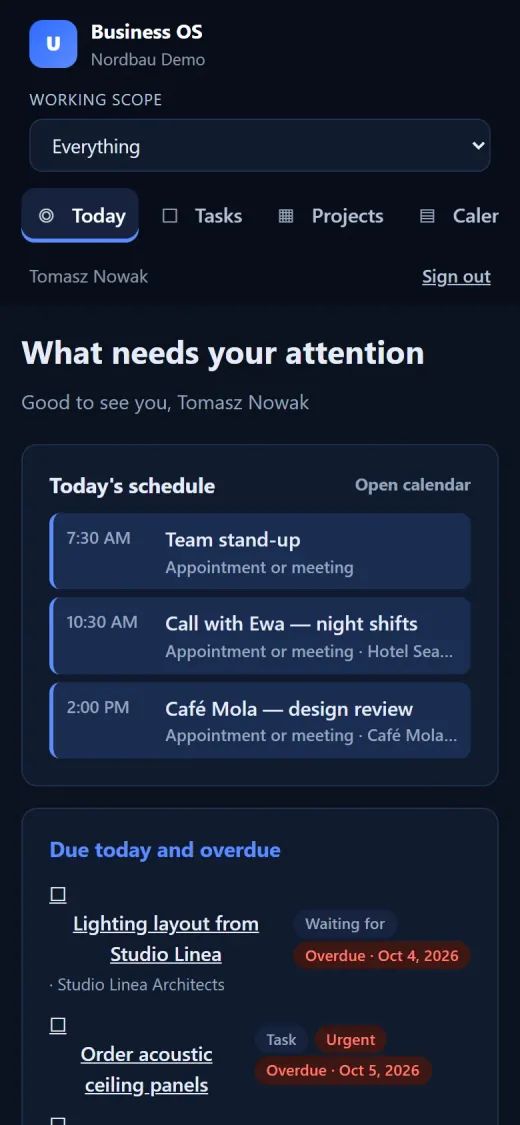 Today: schedule, overdue and due-today items, approvals and active projects in one view
