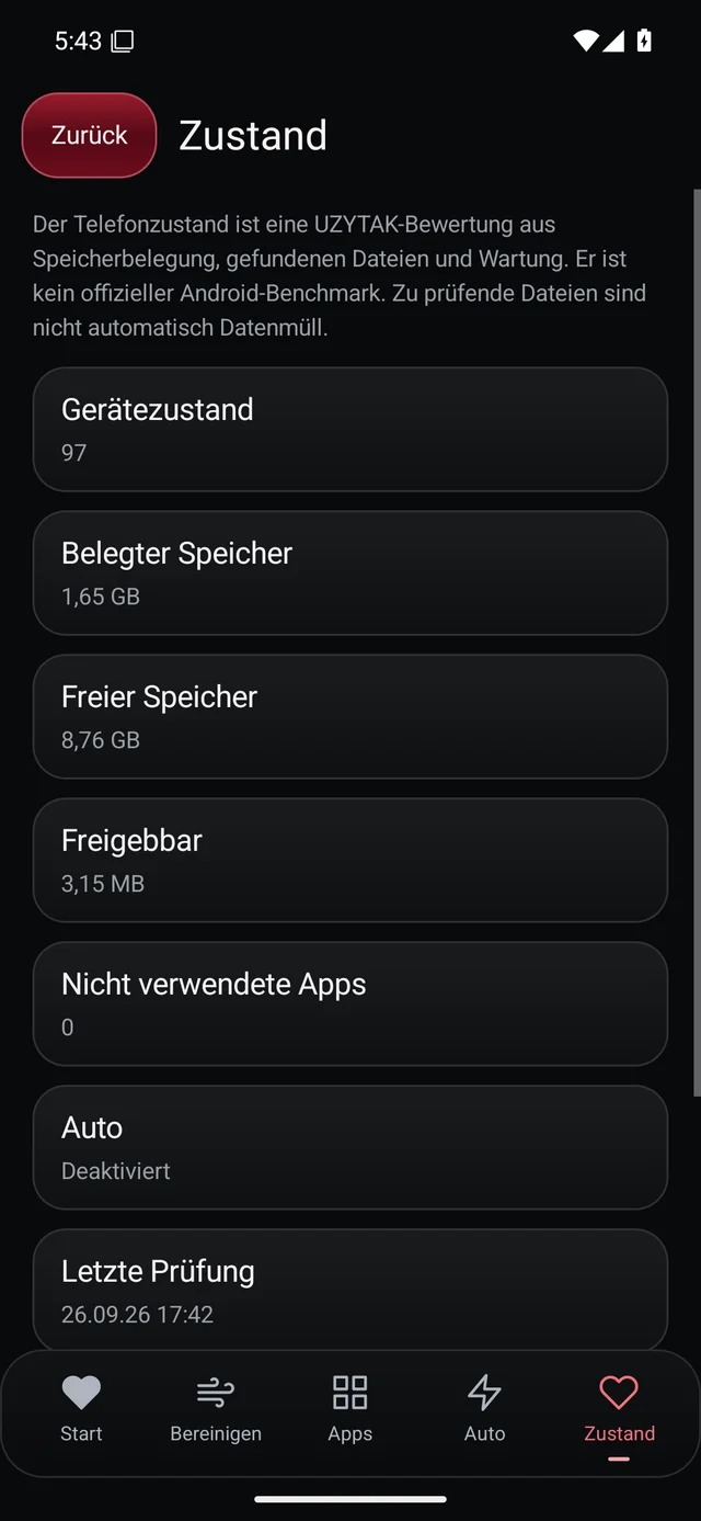 UZYTAK Cleaner · Telefonzustand · Deutsch
