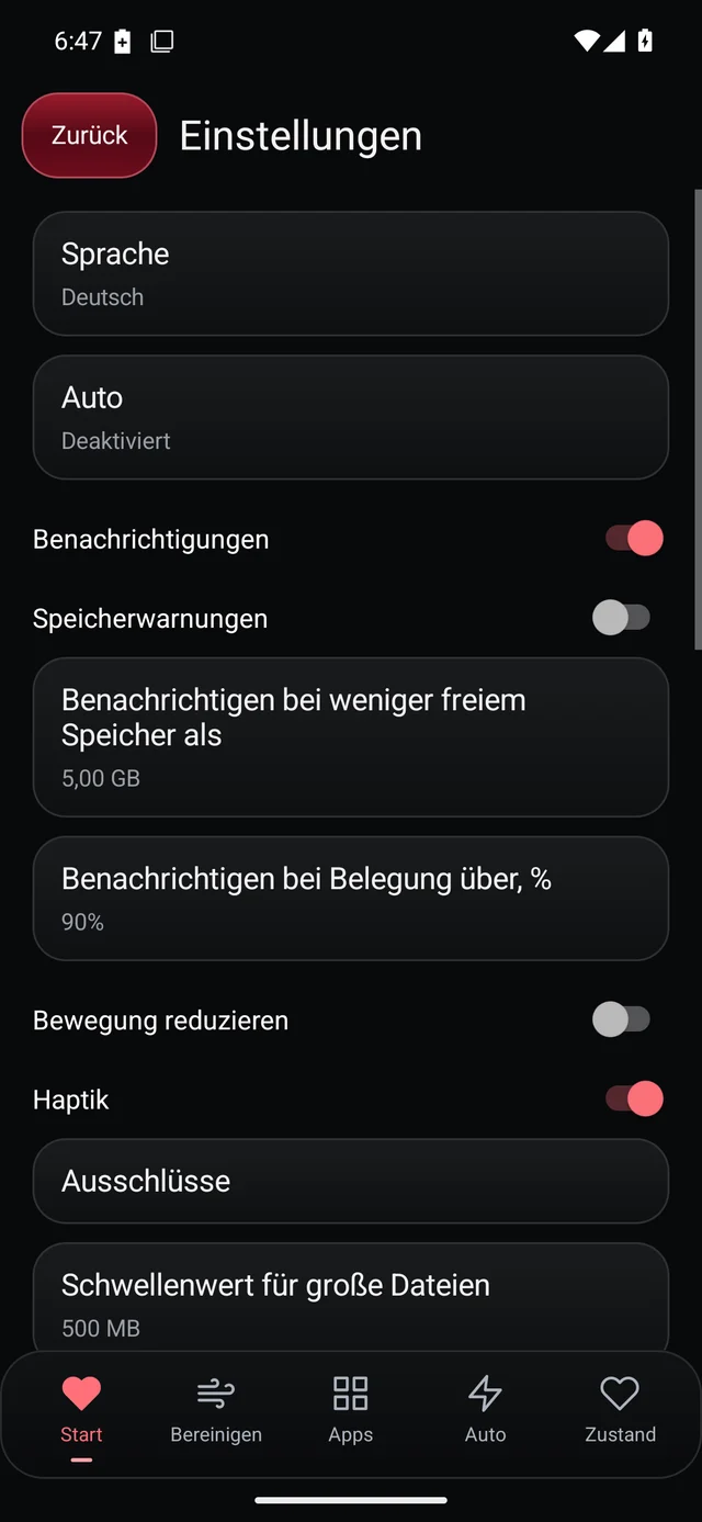 UZYTAK Cleaner · Einstellungen · Deutsch