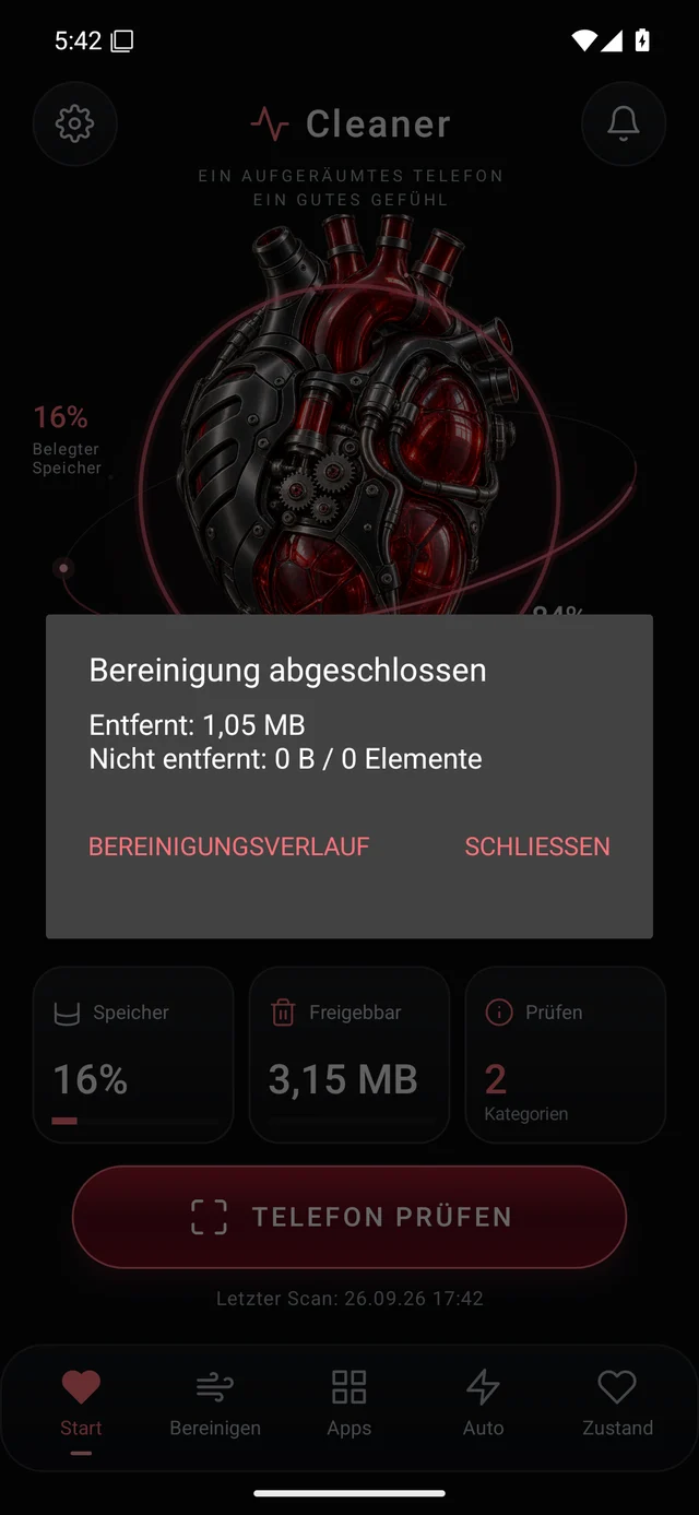 UZYTAK Cleaner · Bereinigung abgeschlossen · Deutsch