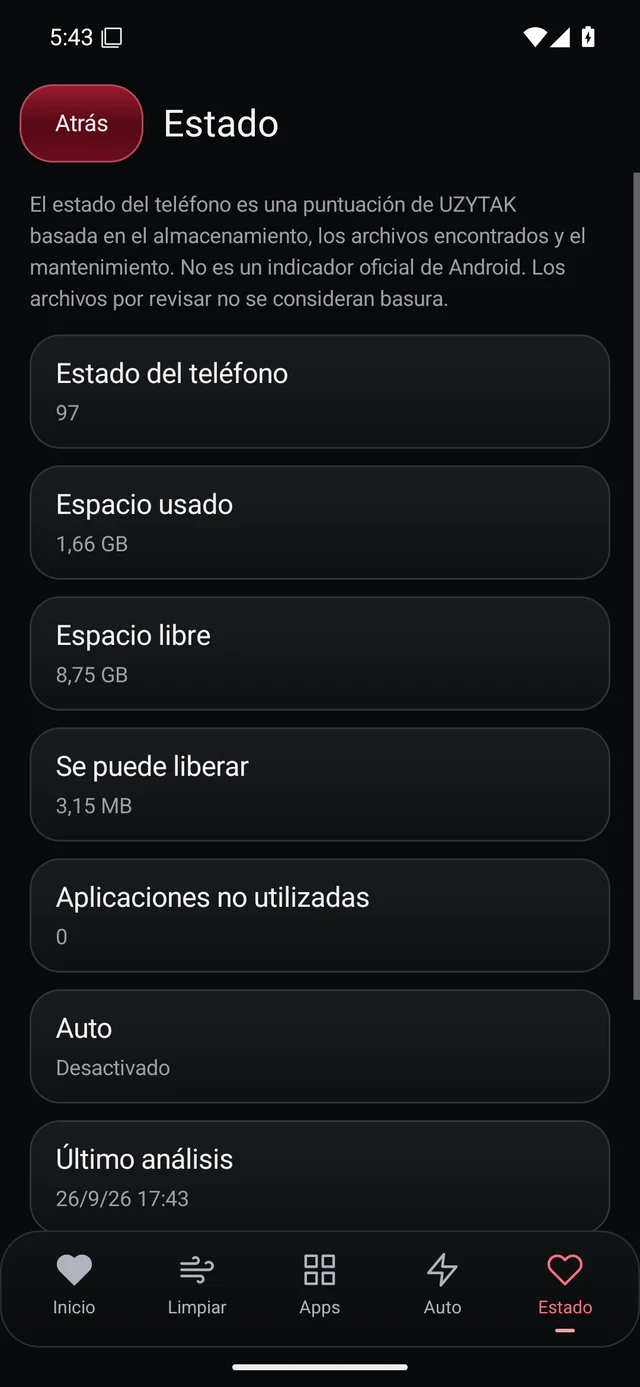 UZYTAK Cleaner · Salud del teléfono · Español