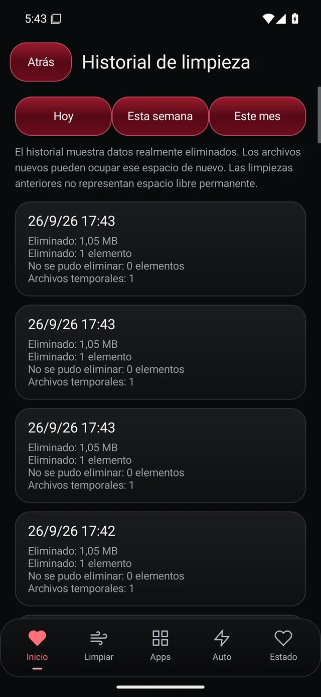 UZYTAK Cleaner · Historial de limpieza · Español