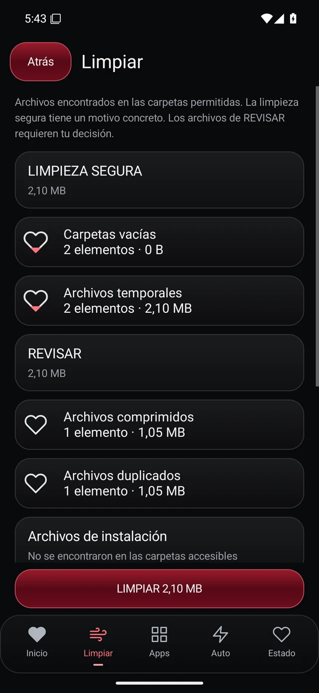 UZYTAK Cleaner · Resultados SEGURO / REVISAR · Español