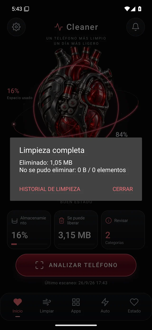 UZYTAK Cleaner · Limpieza completada · Español