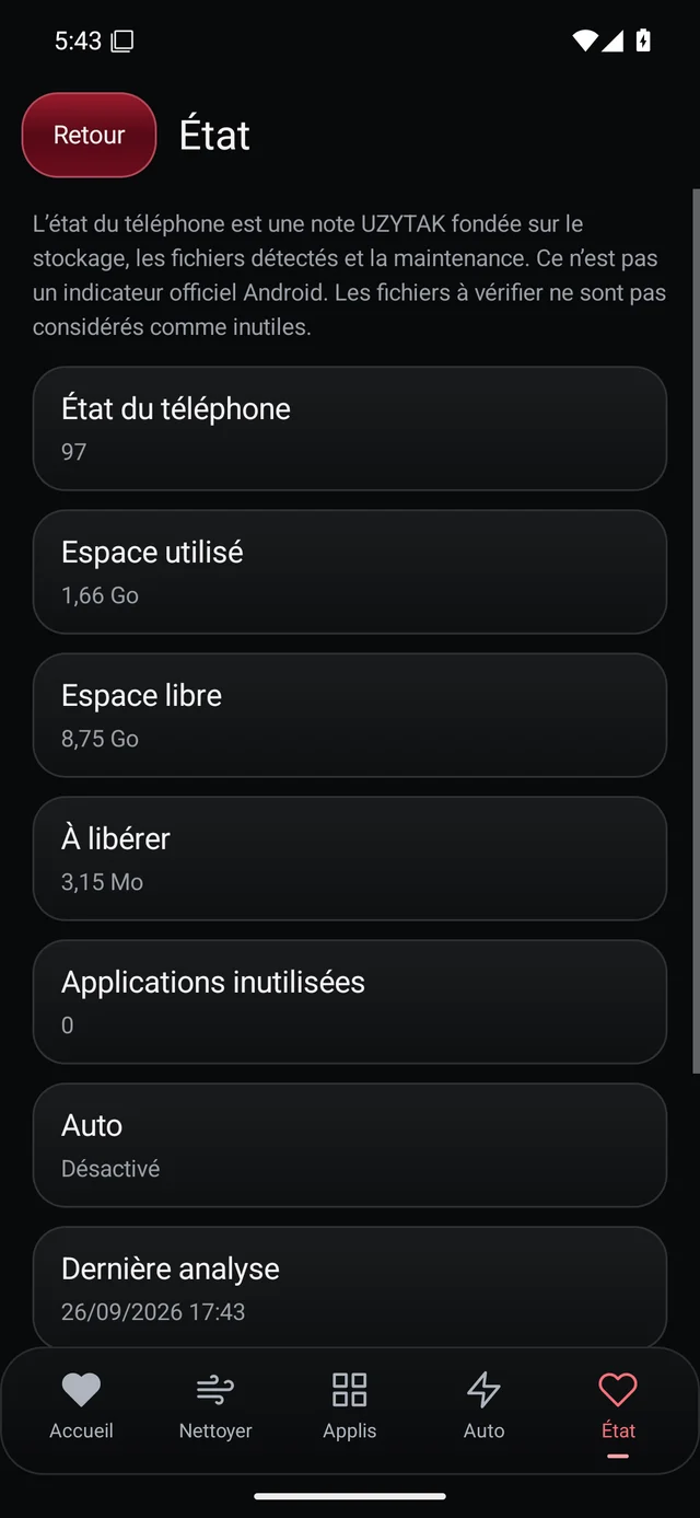 UZYTAK Cleaner · État du téléphone · Français