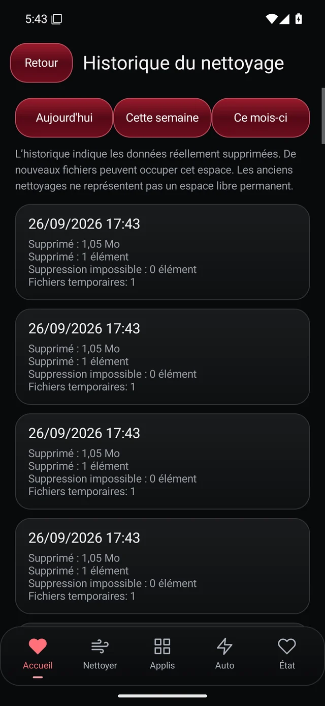 UZYTAK Cleaner · Historique de nettoyage · Français