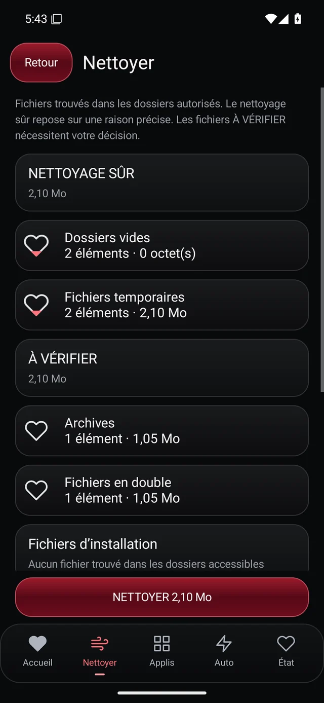 UZYTAK Cleaner · Résultats SÛR / À EXAMINER · Français