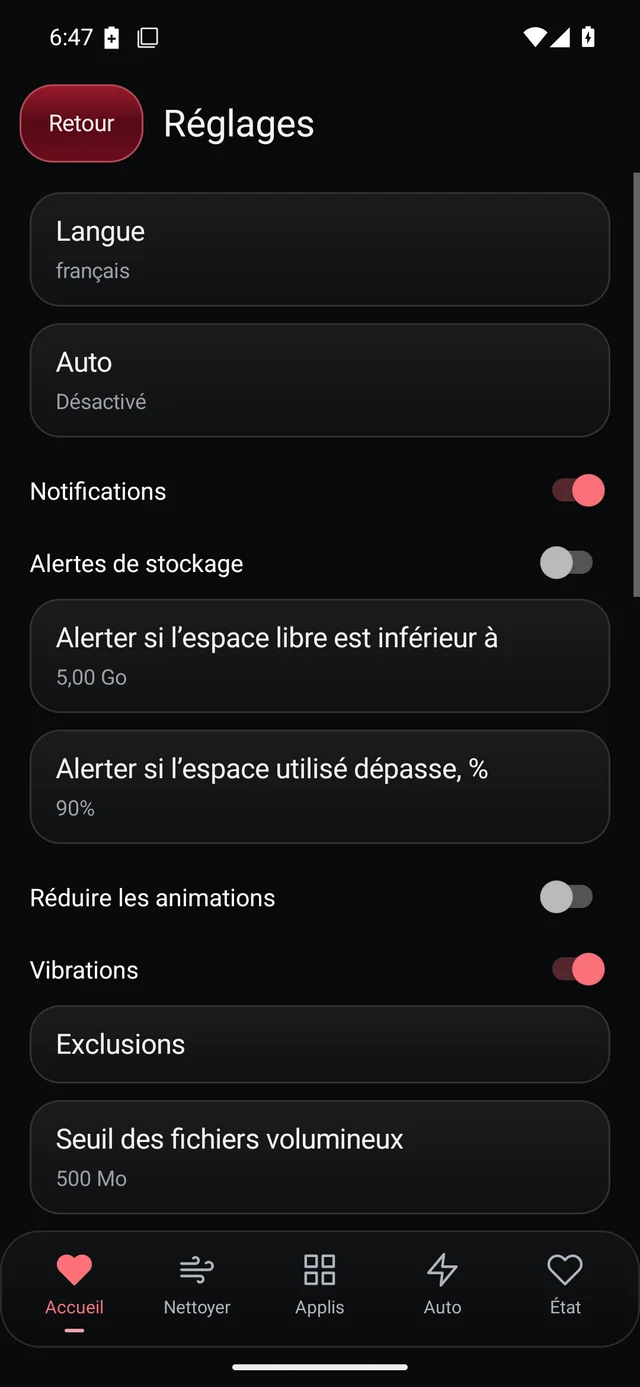 UZYTAK Cleaner · Réglages · Français