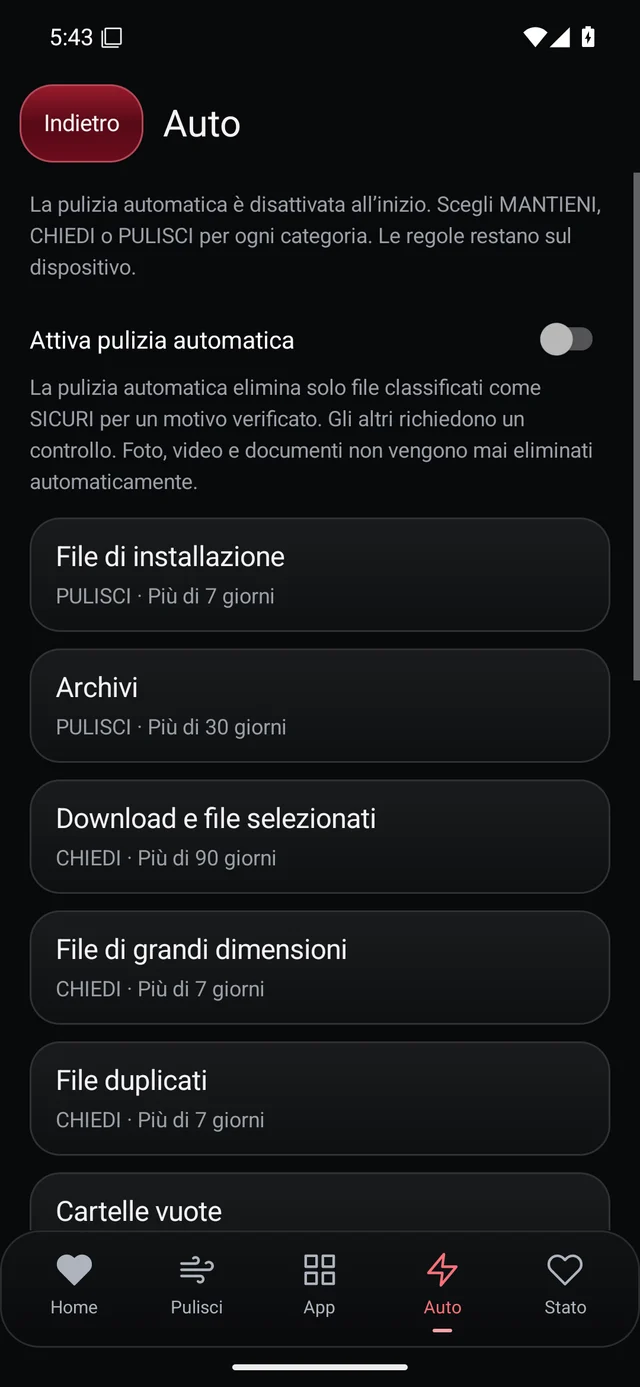 UZYTAK Cleaner · Pulizia automatica · Italiano