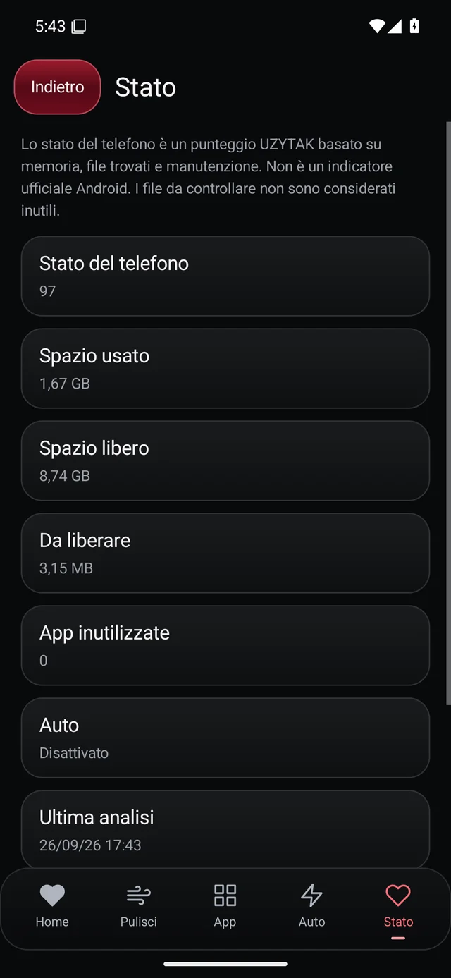 UZYTAK Cleaner · Stato del telefono · Italiano