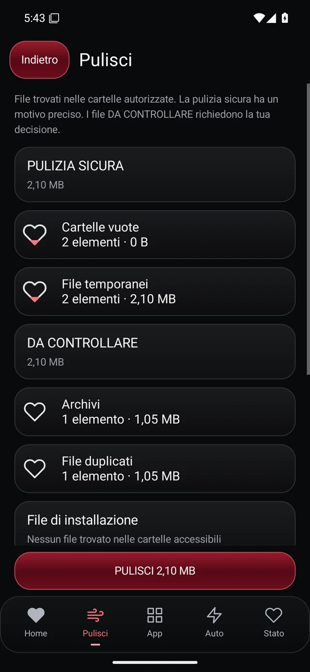 UZYTAK Cleaner · Risultati SICURO / DA CONTROLLARE · Italiano