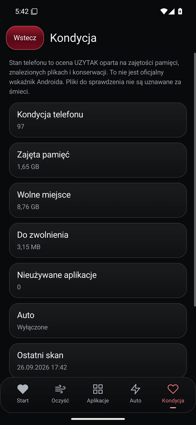 UZYTAK Cleaner · Kondycja telefonu · Polski