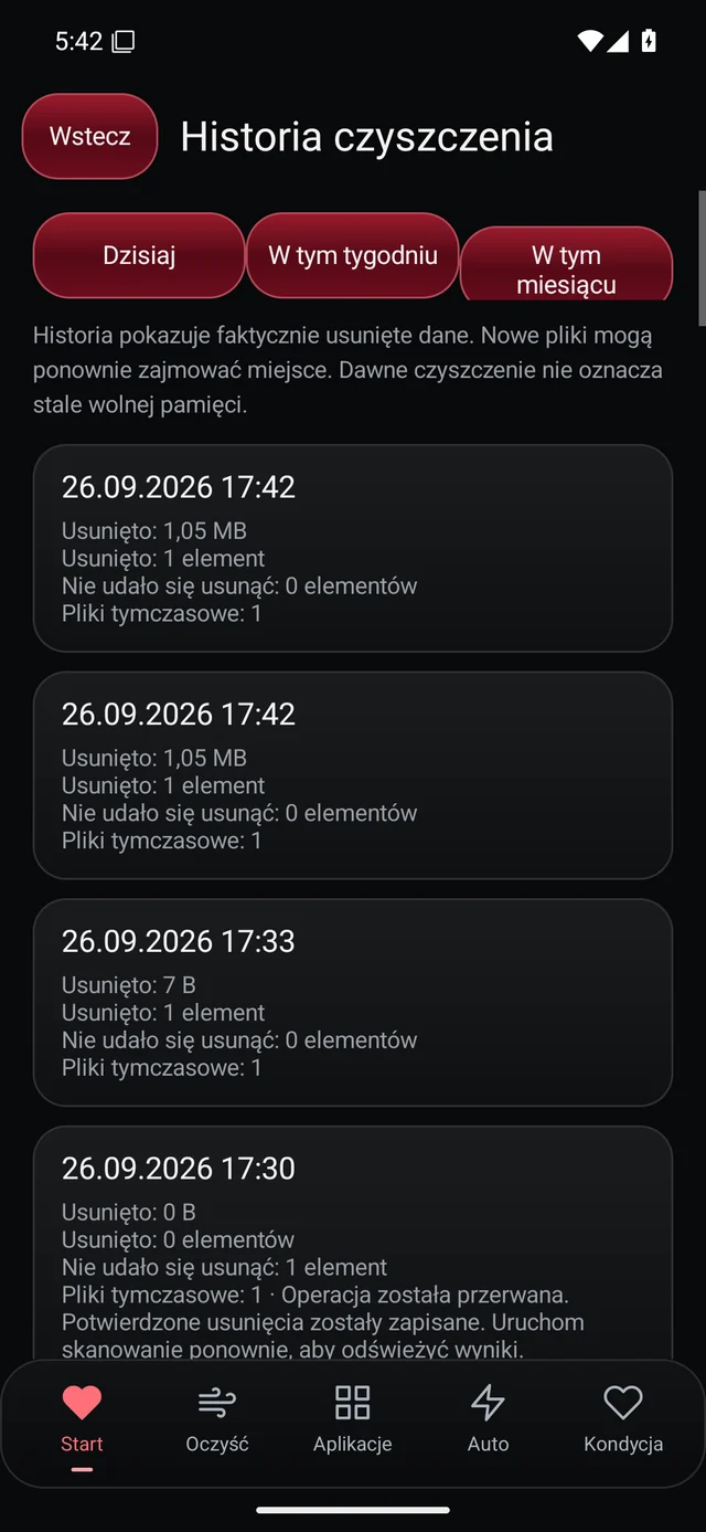 UZYTAK Cleaner · Historia czyszczenia · Polski