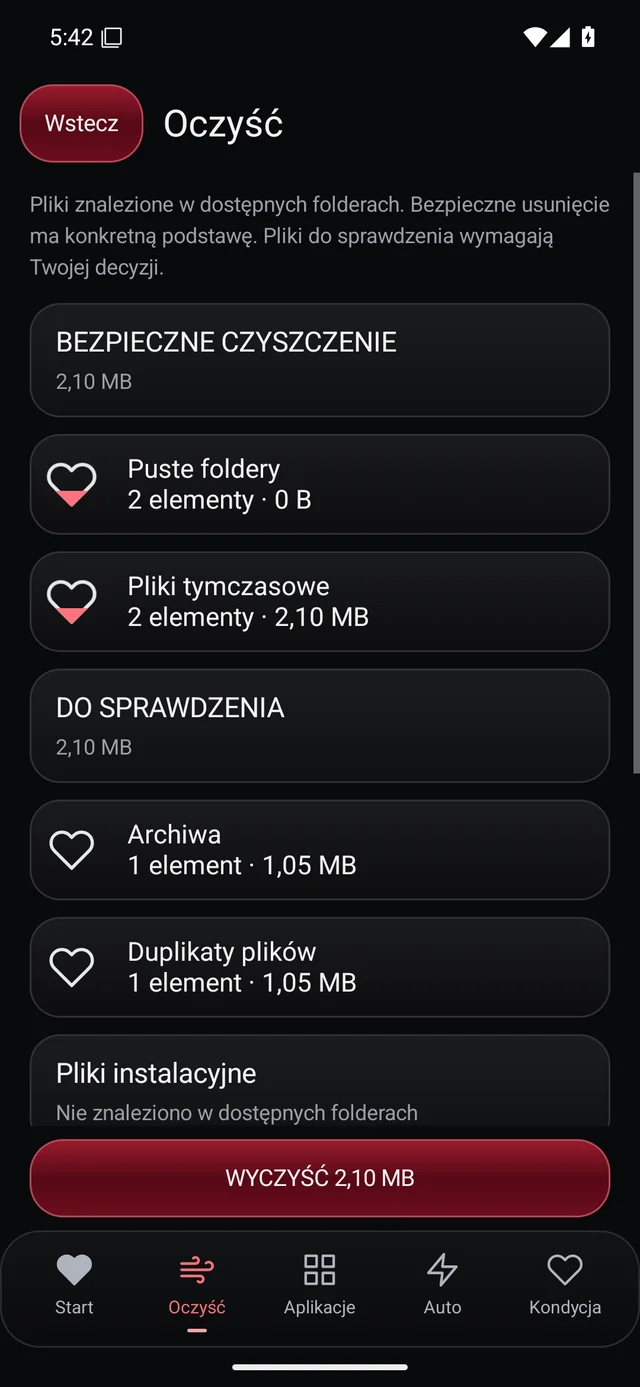 UZYTAK Cleaner · Wyniki BEZPIECZNE / DO PRZEJRZENIA · Polski
