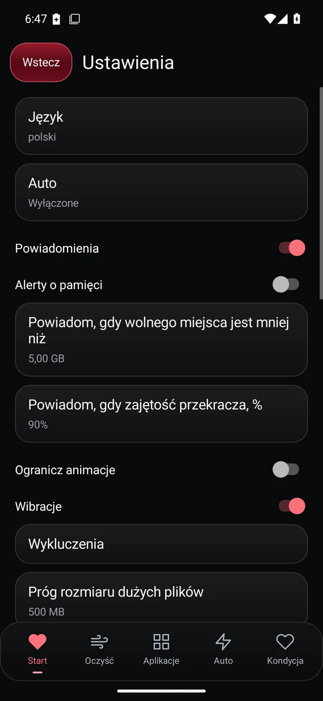 UZYTAK Cleaner · Ustawienia · Polski