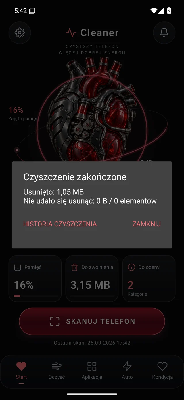 UZYTAK Cleaner · Czyszczenie zakończone · Polski