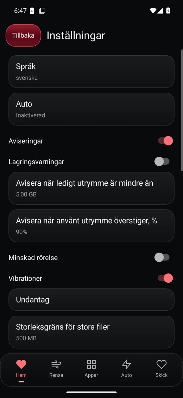 UZYTAK Cleaner · Inställningar · Svenska