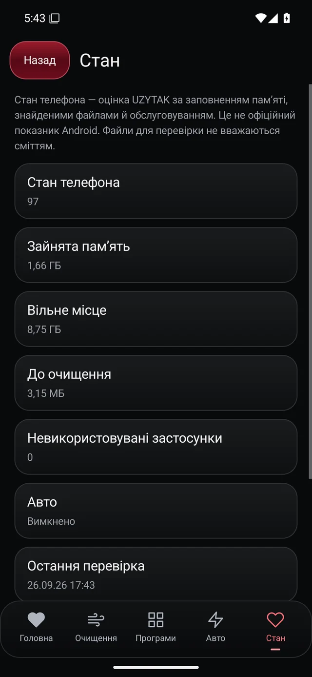 UZYTAK Cleaner · Стан телефона · Українська